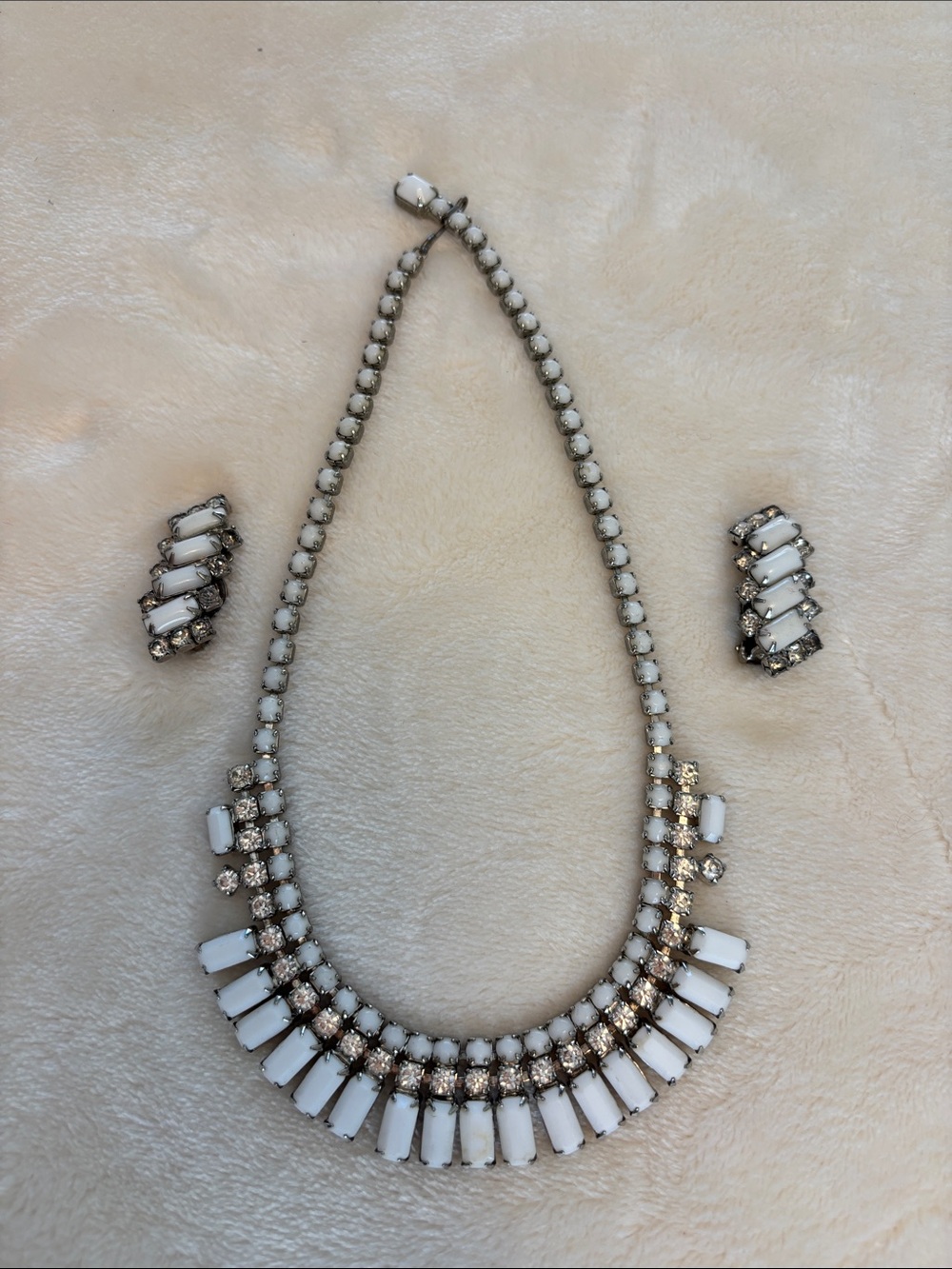 Elegant Vintage White Milk Glass Statement Necklace and Earring Set by Weiss